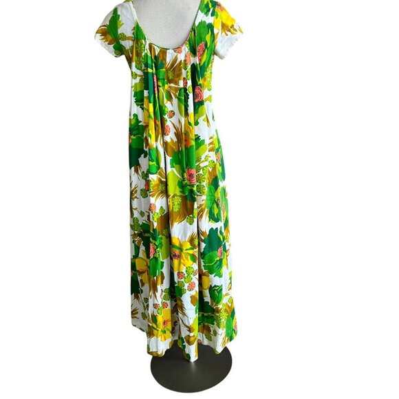 Alice Polynesian Fashions 60s Green Floral Tiki Barkcloth Maxi Dress Size Small - Picture 10 of 10
